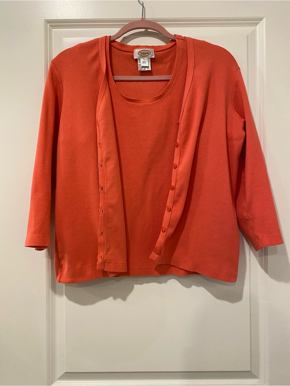 Talbots Coral Twin Set Cardigan Shell Tank Top Large Cotton Stretch - Picture 2 of 7
